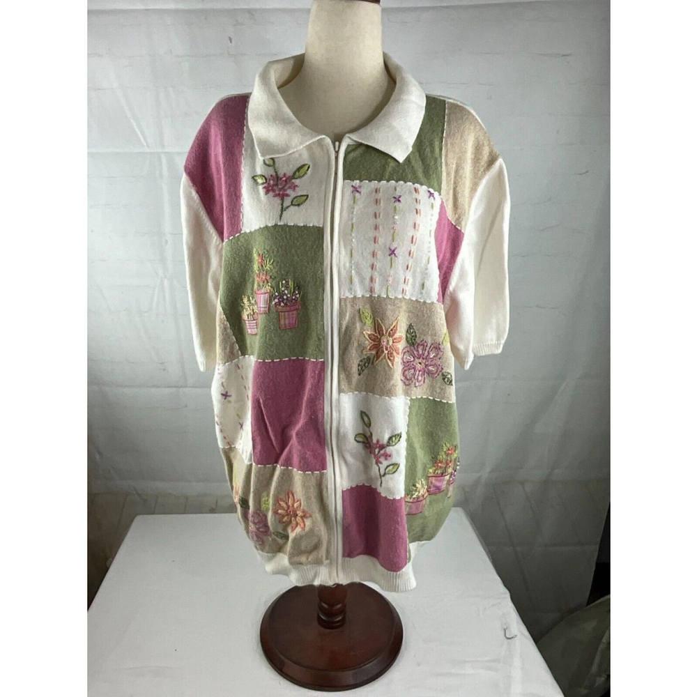 Women’s Alfred Dunner Patchwork Embroidered Zip Up Sweater Size 2XL Short Sleeve